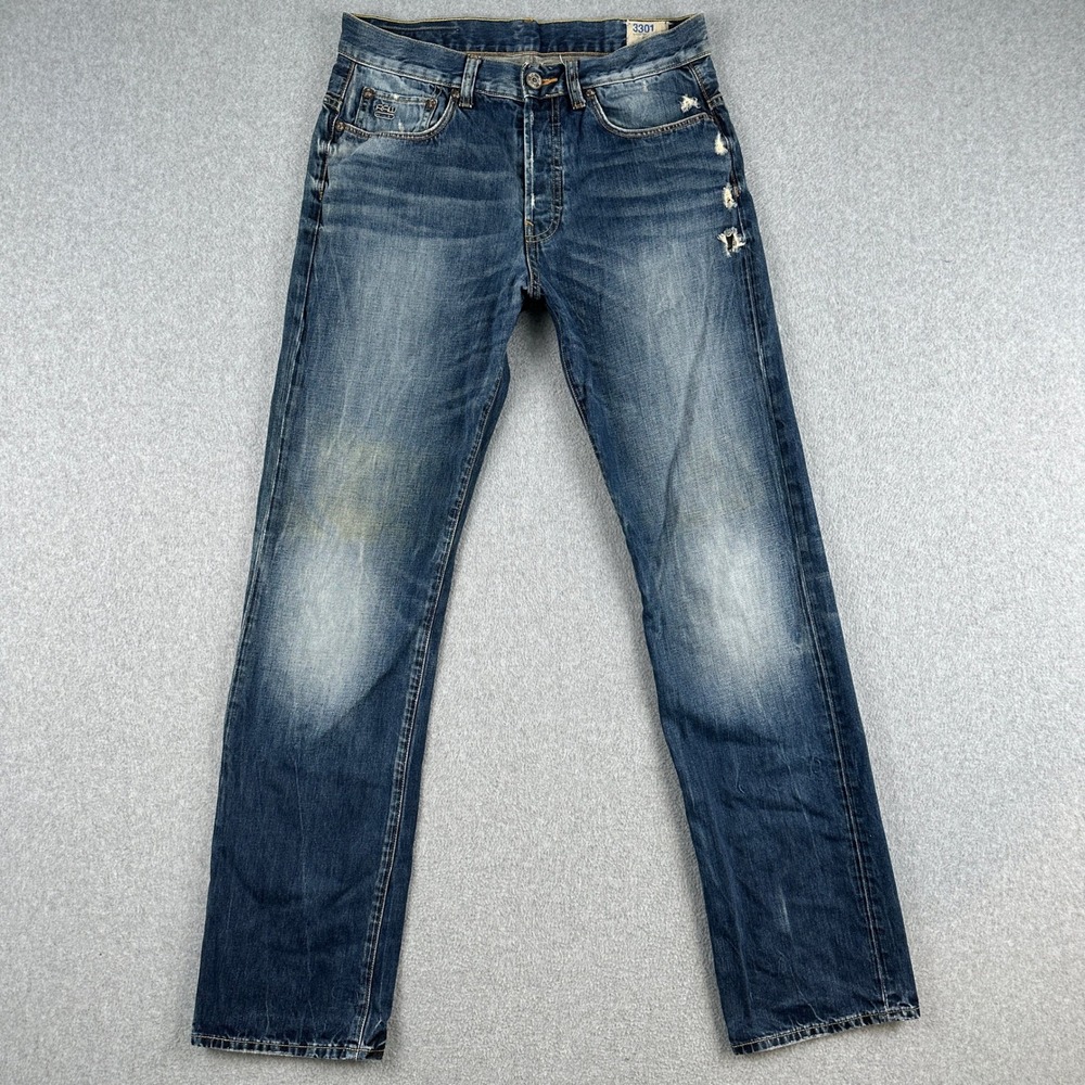 G-Star Raw Jeans Mens 31x34 Blue 3301 Straight Distressed Denim Pants Casual